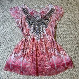 One‎ World Pink Sequin Artsy Boho Floral Indie Flowy Pink White Silver Brat Sz M